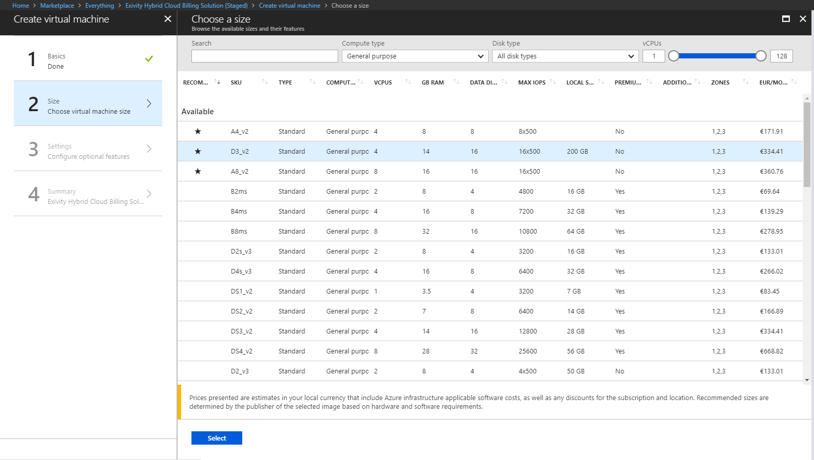Pick an Azure VM type for your Exivity deployment